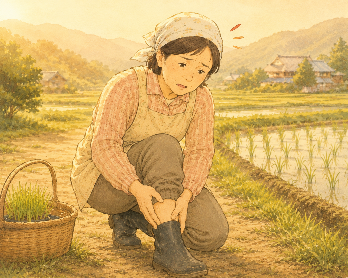 農作業中に足のしびれで困る女性のイラスト｜三次市整骨鍼灸院たいよう