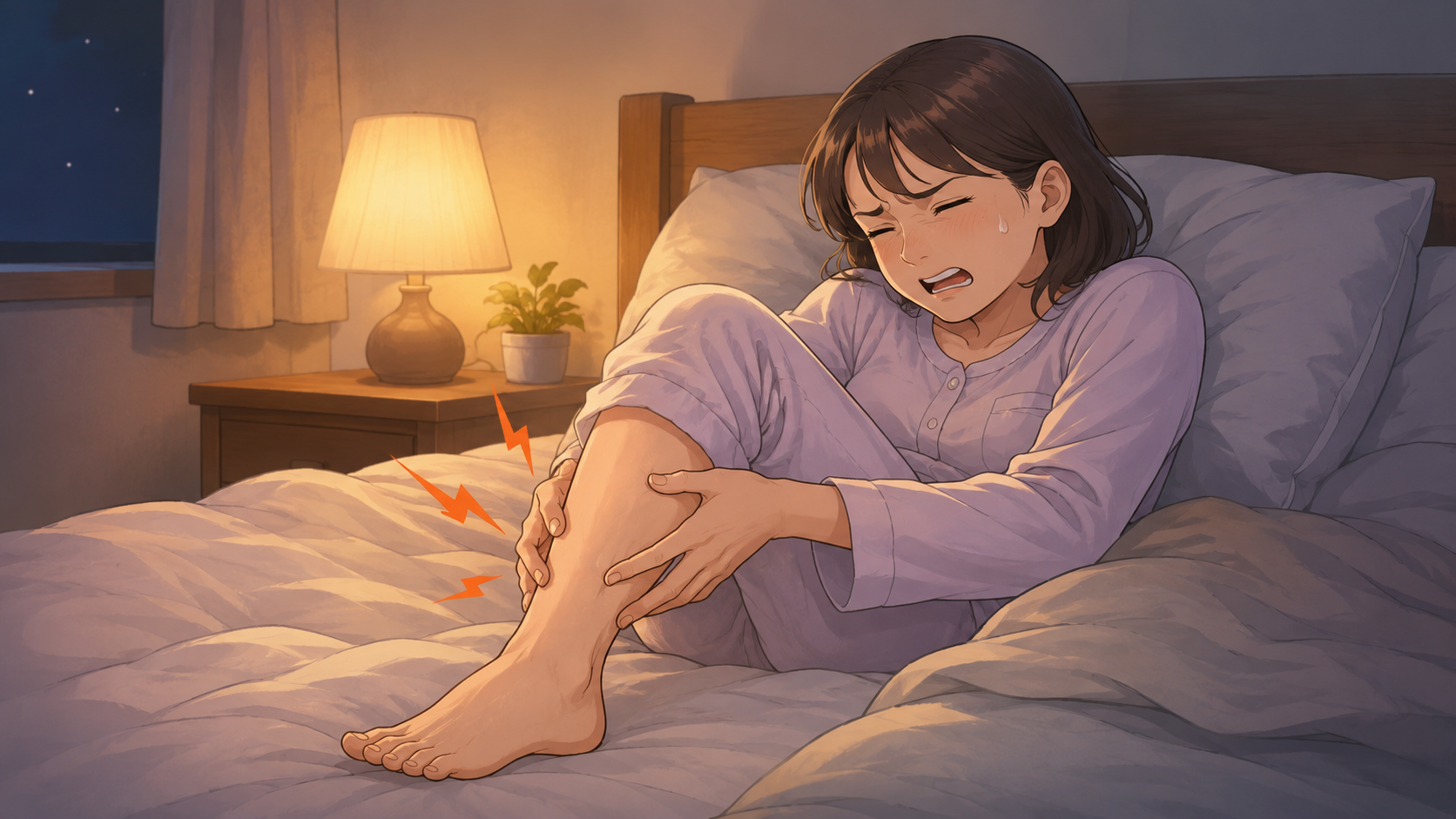 夜中に足がつって苦しむイメージ