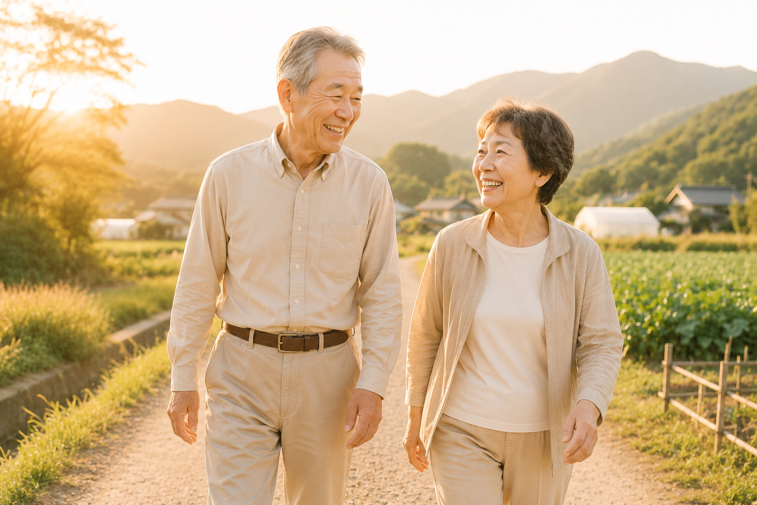元気に歩く60代夫婦のイメージ