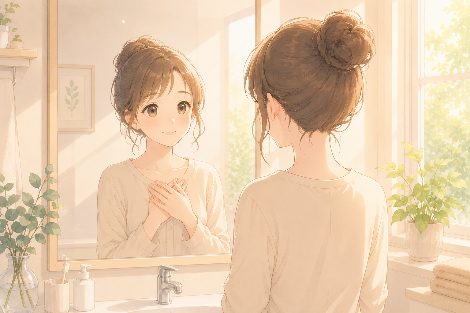 朝、鏡の前で自分にやさしく語りかける様子