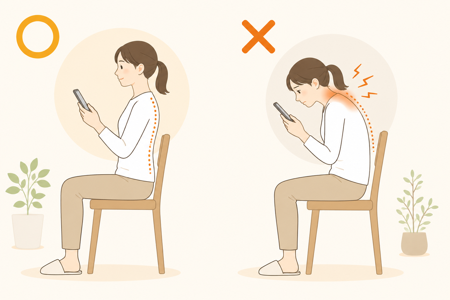 良い姿勢とスマホ姿勢（巻き肩・ストレートネック）を比較したイラスト