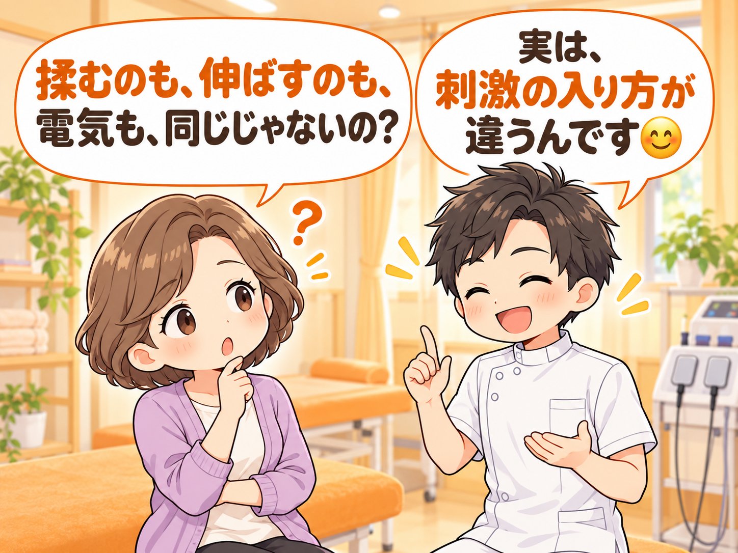 揉むのも伸ばすのも電気も同じ？と院長に質問する患者さん｜三次市 整骨鍼灸院たいよう