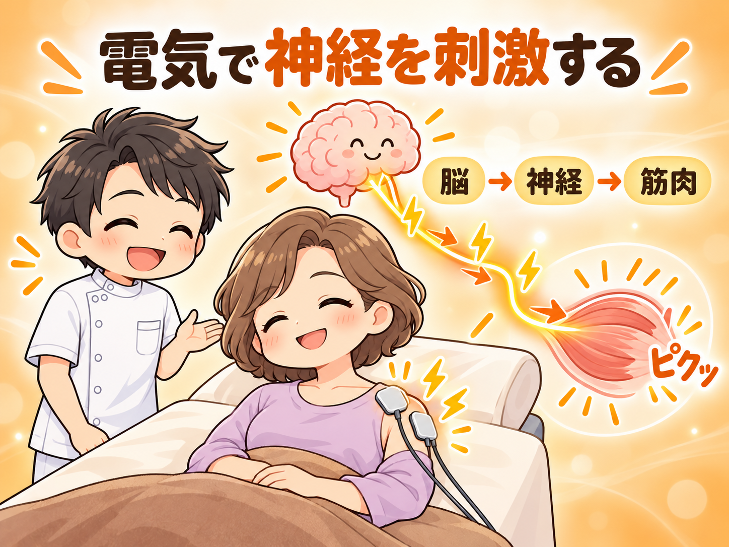 低周波で神経を刺激するイメージ（脳→神経→筋肉）