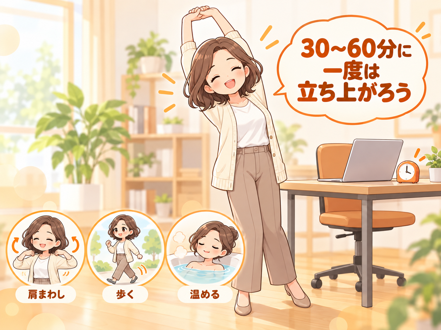 30〜60分に一度立ち上がって身体を動かす習慣のイラスト